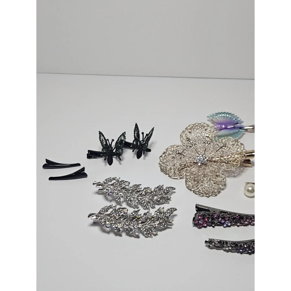 Vintage Hair Barrettes Clips Lot 21pc Huge Rhinestone Pearl Butterfly Floral Set